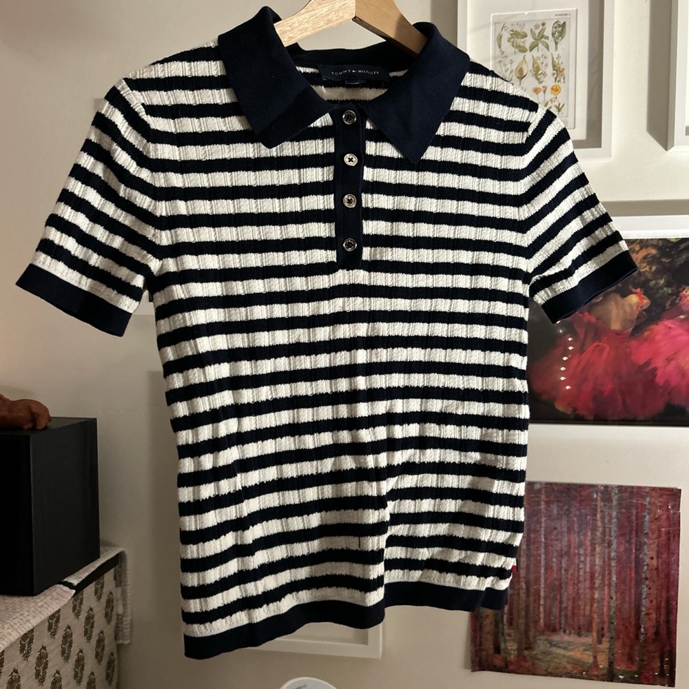 Tommy Hilfiger Navy and White Striped Polo